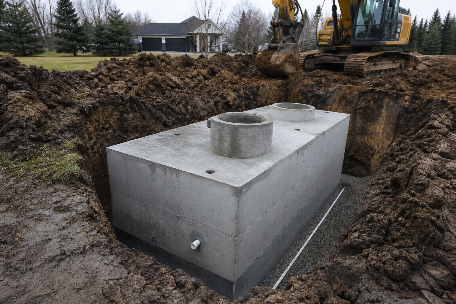 Cistern sitting in an excavated pit during installation
