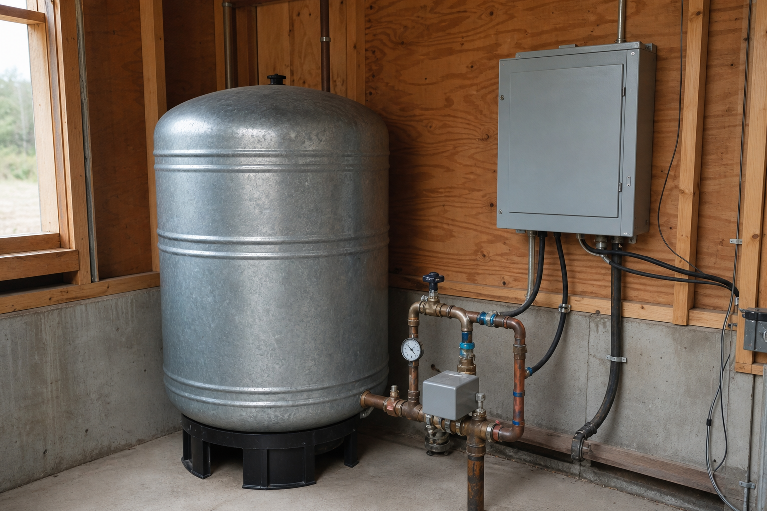 Pressure tank and controls in a rural mechanical room